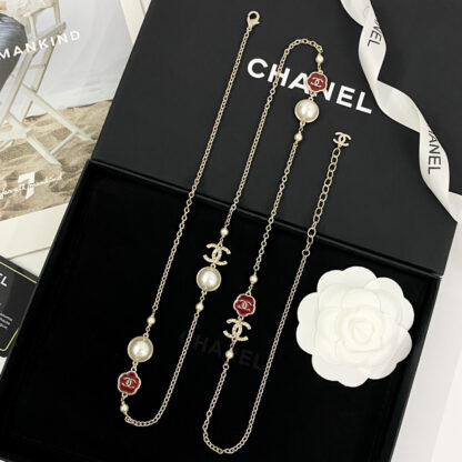 Chanel Vintage Red Flower Pearl Double C Necklace - Image 4