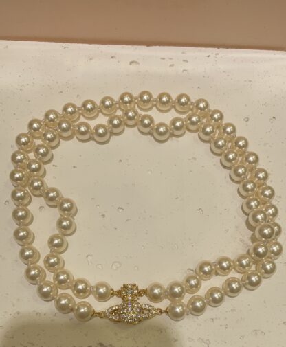 Vivienne Westwood Gold Diamond Saturn Magnetic Clasp Double Pearl Necklace - Image 3