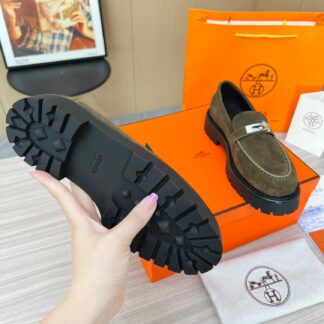 Hermes dark green comfortable trendy leather loafers