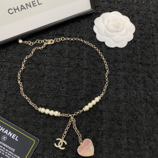 Chanel Gradient Pink Diamond Heart Pearl Necklace
