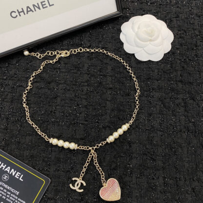 Chanel Gradient Pink Diamond Heart Pearl Necklace