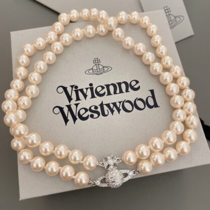 Vivienne Westwood Saturn double pearl necklace with full diamonds - Image 3