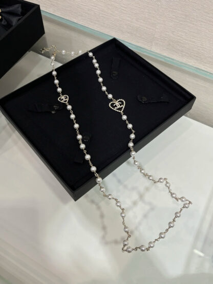 Chanel Hollow Heart Diamond Double C Pearl Necklace - Image 4