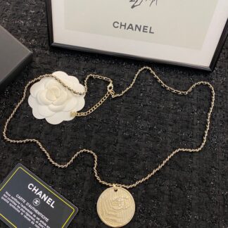 Chanel leather chain metal medal necklace