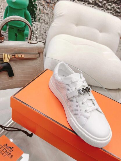 Hermes white latest kelly shoe buckle classic flat casual shoes - Image 4