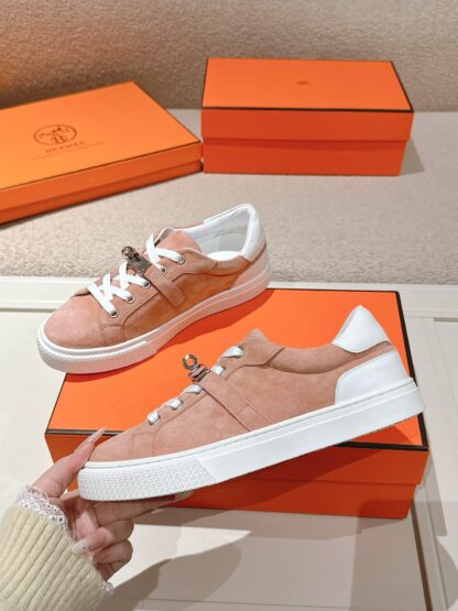 Hermes pink apricot latest kelly shoe buckle classic flat casual shoes - Image 4