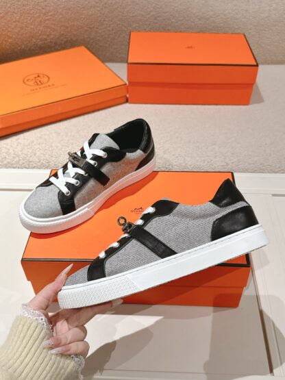 Hermes black and white gray latest kelly shoe buckle classic flat casual shoes - Image 4