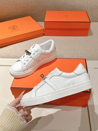 Hermes couple white kelly buckle classic flat casual shoes - Image 4