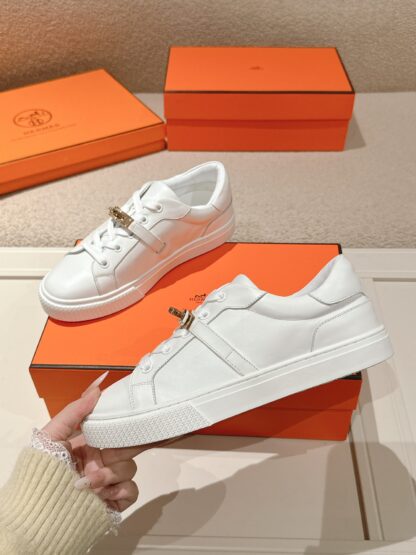 Hermès couple's white gold Kelly buckle classic flat casual shoes - Image 4