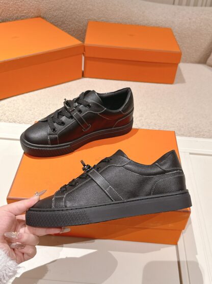 Hermes couple's pure black kelly shoe buckle classic flat casual shoes - Image 4
