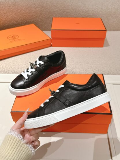 Hermes couple black and white silver kelly shoe buckle classic flat casual shoes - Image 4