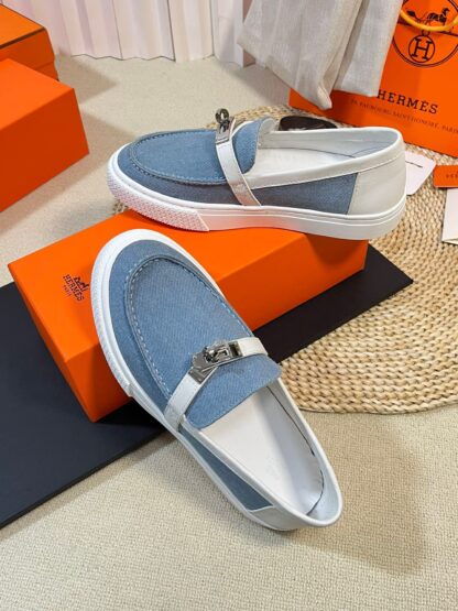 Hermes Kelly shoe buckle blue and white fashion noble casual loafers - Image 4