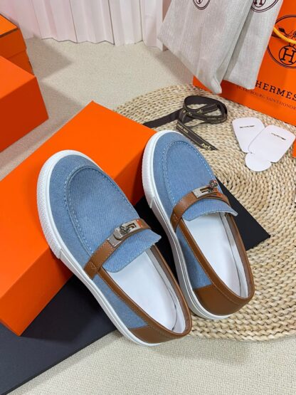 Hermes kelly shoe buckle blue brown fashion noble casual loafers - Image 4