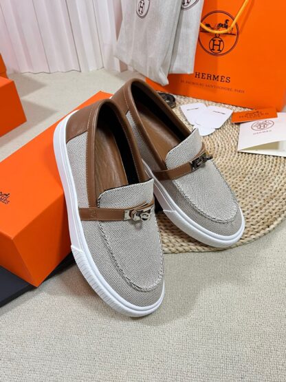 Hermes Kelly shoe buckle gray brown fashion noble casual loafers - Image 4