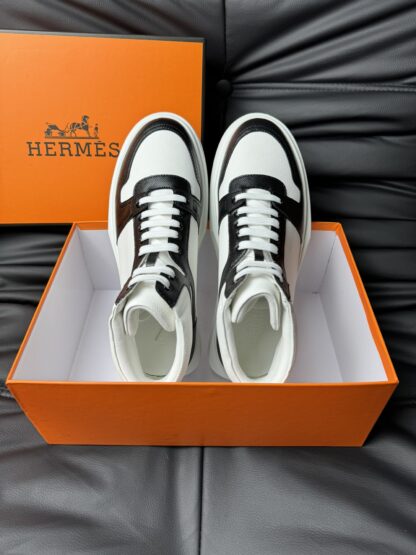 Hermes white and black color matching cowhide high-end noble high-top casual shoes - Image 4
