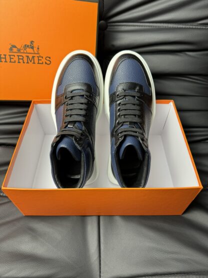 Hermès blue and black color matching cowhide high-end noble high-top casual shoes - Image 4