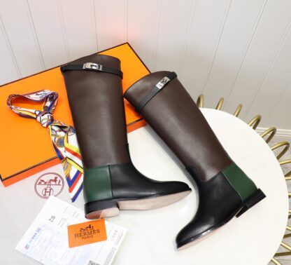 Hermès classic kelly buckle stylish brown and green color matching mid-calf boots - Image 4