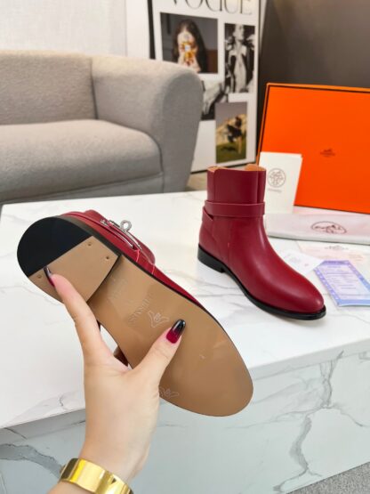 Hermes dark red silver buckle classic kelly buckle fashion ankle boots - Image 4