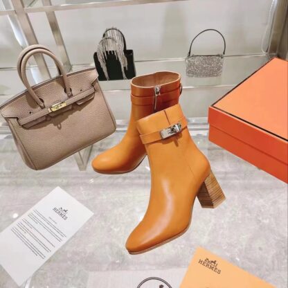 Hermes autumn and winter fashion brown women's short boots heel height 7cm - Image 3