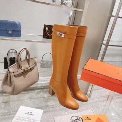 Hermes autumn and winter fashion brown women's long boots heel height 7cm - Image 3