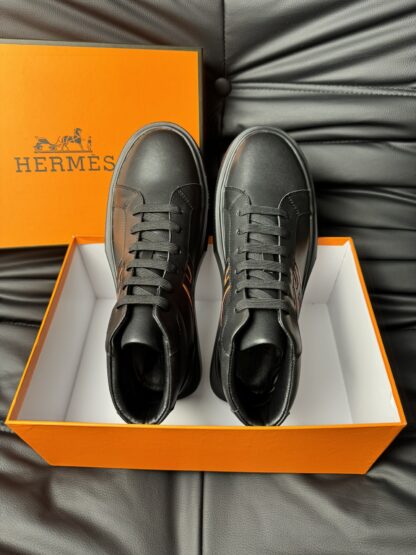 Hermès black and orange color matching cowhide high-end noble high-top casual shoes - Image 4