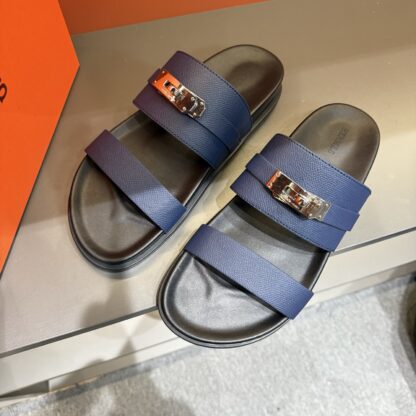 Hermes dark blue gold buckle summer pure handmade high-end sandals - Image 4