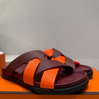 Hermès red, brown and orange woven slippers