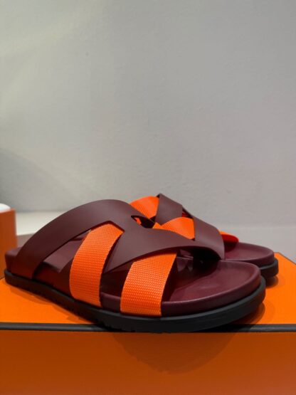 Hermès red, brown and orange woven slippers