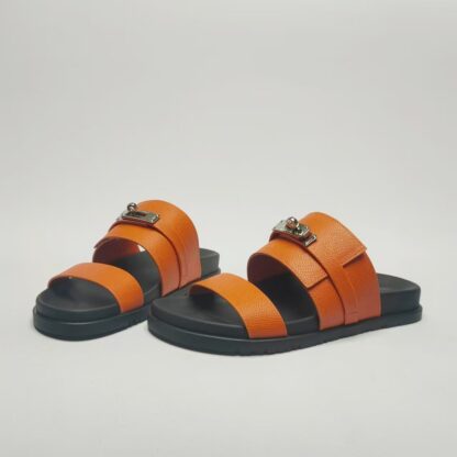 Hermès couple's orange silver buckle woven sandals - Image 4