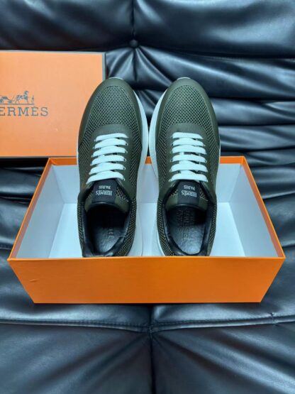 Hermes leather mesh breathable dark green high-end temperament casual shoes - Image 4