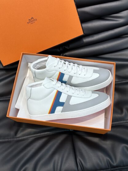 Hermès men's white and blue color matching soft and comfortable high-top casual sports shoes - Image 4
