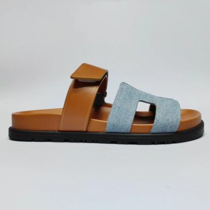Hermès Couple Braided Brown and Blue Slippers - Image 4