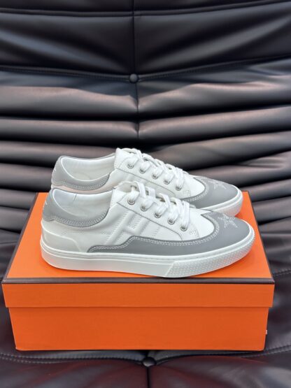 Hermes men's comfortable cowhide white and gray low-top casual sneakers - Image 4