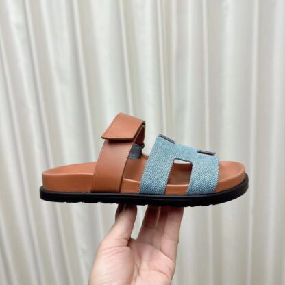 Hermès classic blue apricot couple woven slippers - Image 4