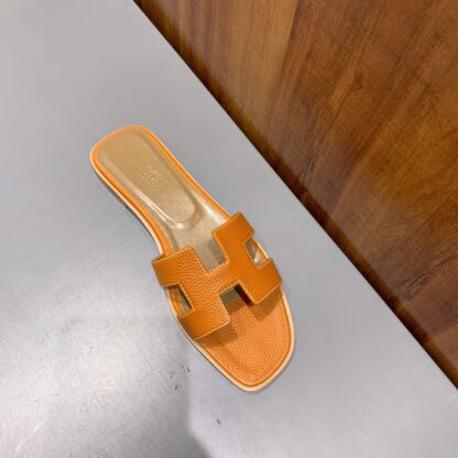 Hermès Orange Classic Litchi Leather Handmade Flat Slippers - Image 4