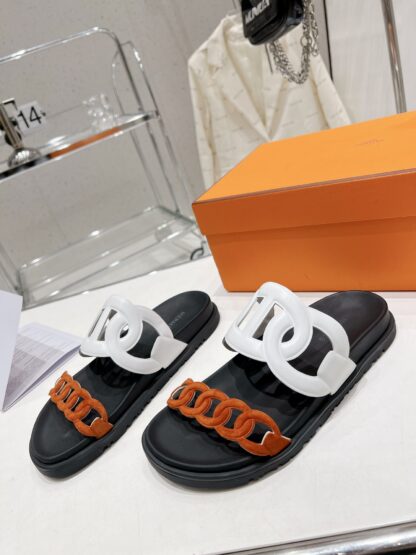 Hermes white brown spring and summer new leather slippers - Image 4