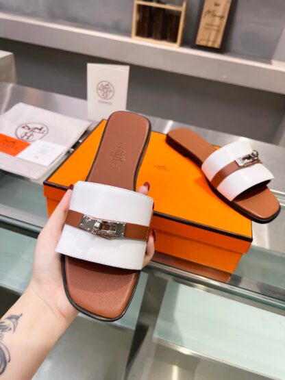 Hermès early spring new white and brown pure handmade leather slippers - Image 3