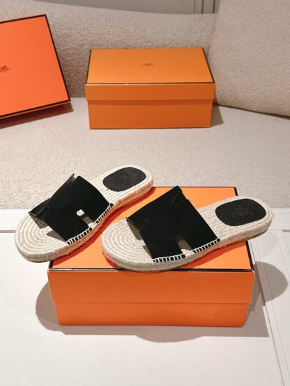 Hermès black spring and summer comfortable and fashionable straw slippers - Image 4