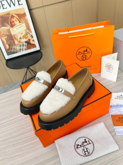 Hermes Beige Brown Comfortable Trendy Leather Loafers - Image 3
