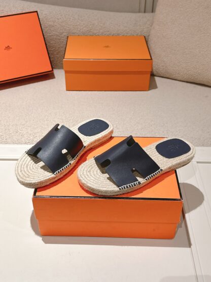 Hermes dark blue spring and summer comfortable and fashionable straw slippers - Image 4