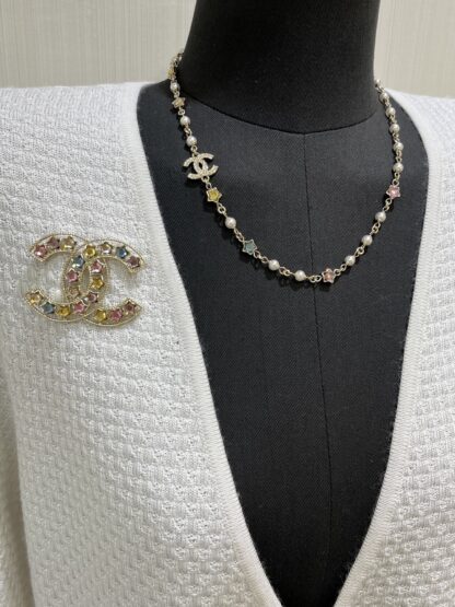 Chanel Colored Crystal Star Gold Diamond Double C Pearl Necklace - Image 4