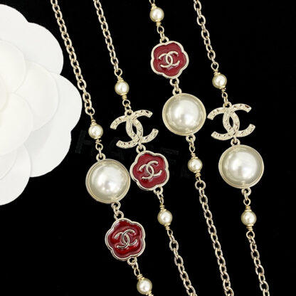 Chanel Vintage Red Flower Pearl Double C Necklace - Image 5