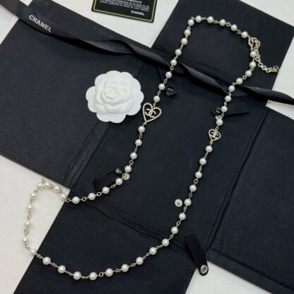 Chanel Hollow Heart Diamond Double C Pearl Necklace - Image 5