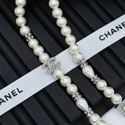 Chanel Full Diamond Square Pearl Letter Necklace - Image 4