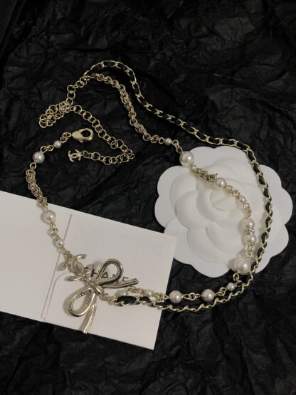 Chanel leather chain pearl bow double clavicle necklace - Image 4