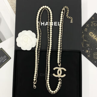 Chanel rhinestone textured double c pearl leather chain