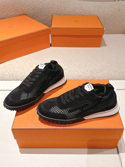 Hermès pure black goatskin contrast color sneakers, 2cm thick sole - Image 4