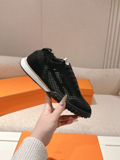 Hermès pure black goatskin contrast color sneakers, 2cm thick sole - Image 5