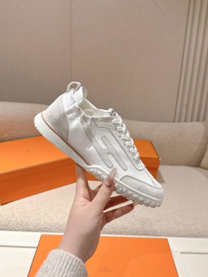 Hermès white and grey goatskin contrasting sneakers, 2cm thick sole - Image 5