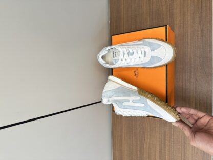 Hermès blue and white goatskin contrasting sneakers, 2cm thick sole - Image 5